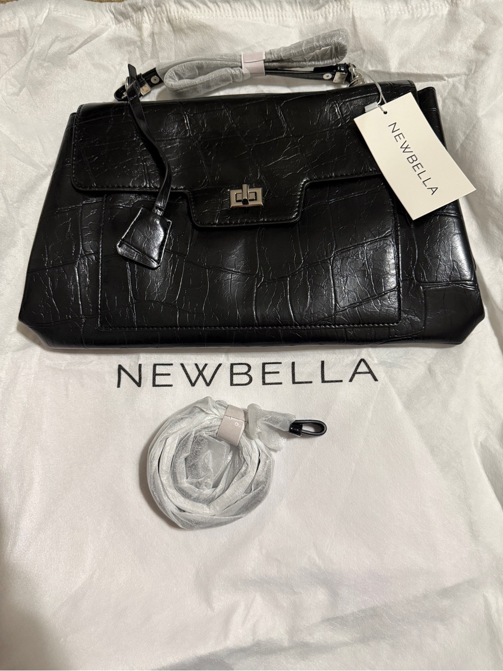 Newbella Black Croc-Embossed (faux) Top-Handle Bag with strap-black